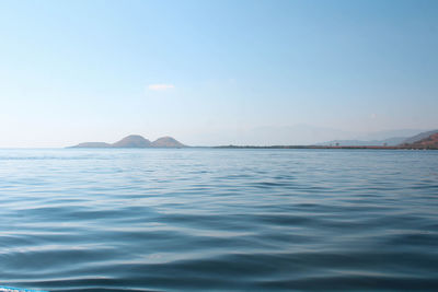 Scenic view of sea against clear blue sky