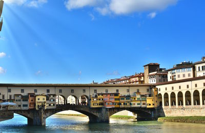 Bridge over river in city against blue sky