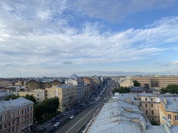 High angle view of buildings and streets in city against sky in saint petersburg 