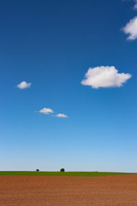 Scenic view of agricultural field against blue sky