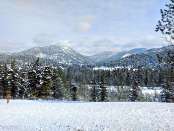 Scenic view of snowcapped mountains against sky