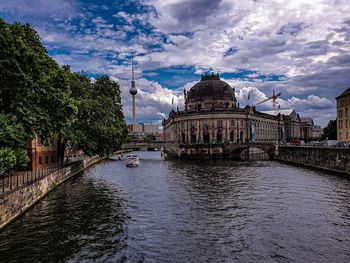 Panoramic view of river amidst buildings against sky
