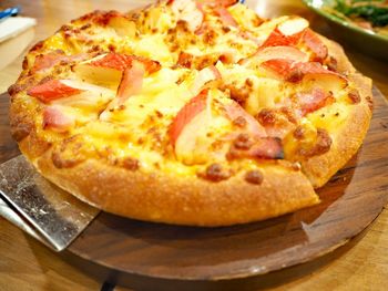 High angle view of pizza on table