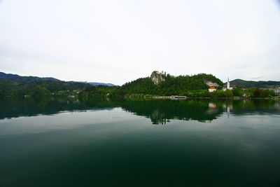 Scenic view of lake by trees against sky