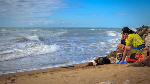 People with dogs sitting on rocks at beach