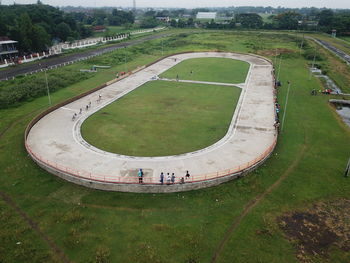 High angle view of soccer field