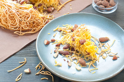 High angle view of pasta in plate on table