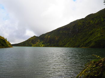 Scenic view of lake by mountains against sky