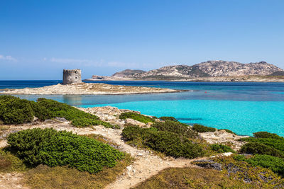 Panoramic view of sea against blue sky