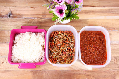 High angle view of breakfast on table