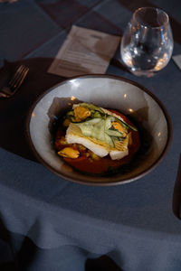 High angle view of meal served on table