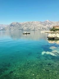 Scenic view of lake against clear blue sky