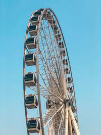 Low angle view of ferris wheel against clear blue sky