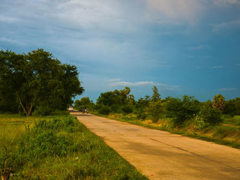 Road by trees on field against sky