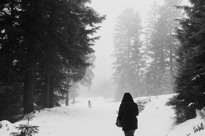 Man on snow covered landscape against trees