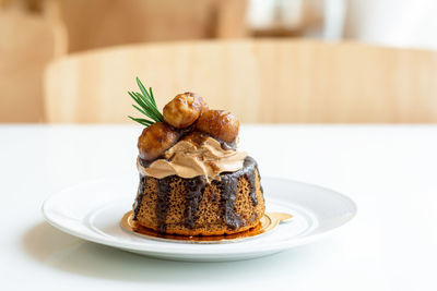 Close-up of dessert in plate on table