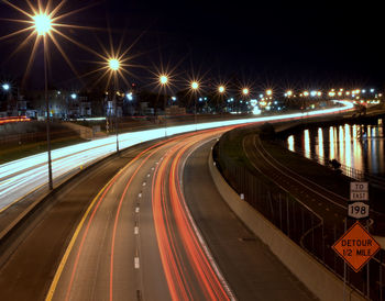 Light trails on road at night