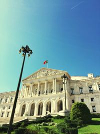 Low angle view of building against clear blue sky