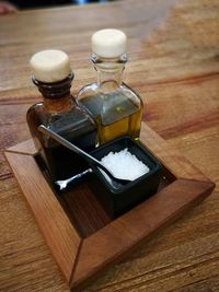 High angle view of glasses on table