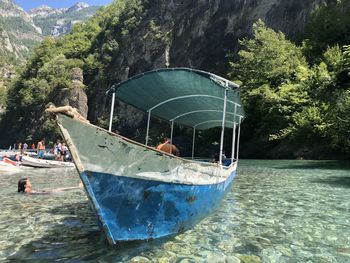 Boat on sea shore against trees