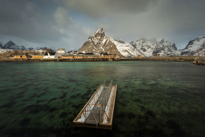 Scenic view of sea and mountains against sky