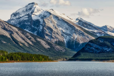 Scenic view of snowcapped mountains by sea against sky