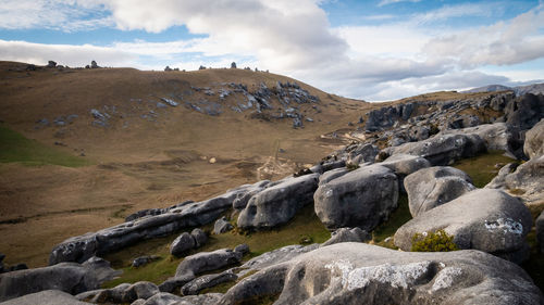 Desert like landscape with rocks in foreground,castle hill, new zealand