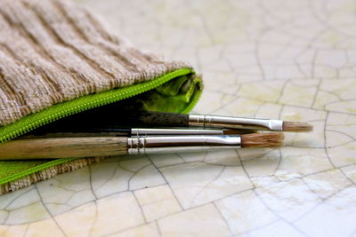 High angle view of paintbrushes