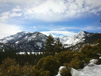 Scenic view of snow covered mountains against sky