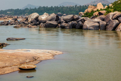 Wickerwork coracle boat in hampi, karnataka, india