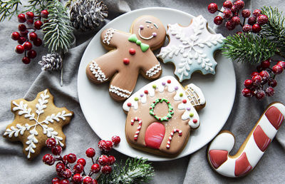 Christmas gingerbread in the plate and holiday decorations