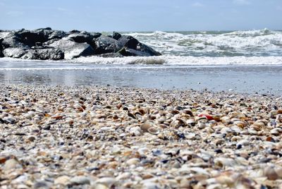 Surface level of stones on beach against sky