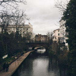 Bridge over river with buildings in background