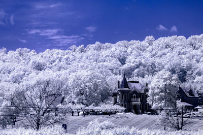 Infrared image of mansion amidst trees against blue sky