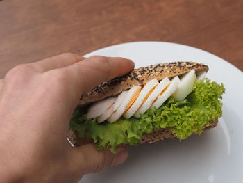 Cropped image of hand holding sandwich on plate