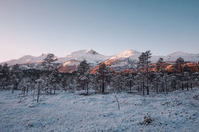 Scenic view of snowcapped mountains against clear sky