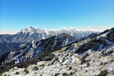 Scenic view of snowcapped mountains against clear blue sky