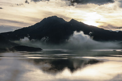 Scenic view of lake against sky during sunset