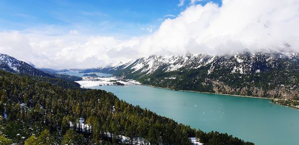 Scenic view of lake and mountains against sky