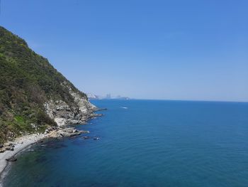 Scenic view of sea against clear blue sky