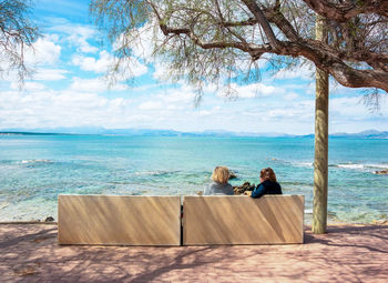 Rear view of friends looking at sea