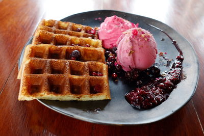 Close-up of dessert served on table