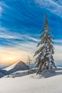 Snow covered landscape against sky during sunset