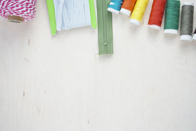 High angle view of multi colored umbrellas on table