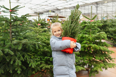A small girl chooses a christmas tree in the market.