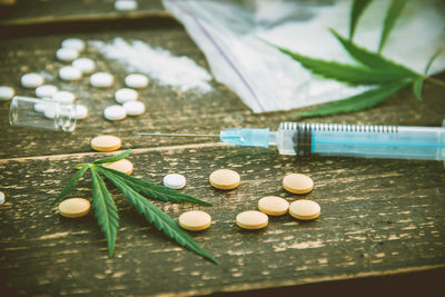 Close-up of medicines on table