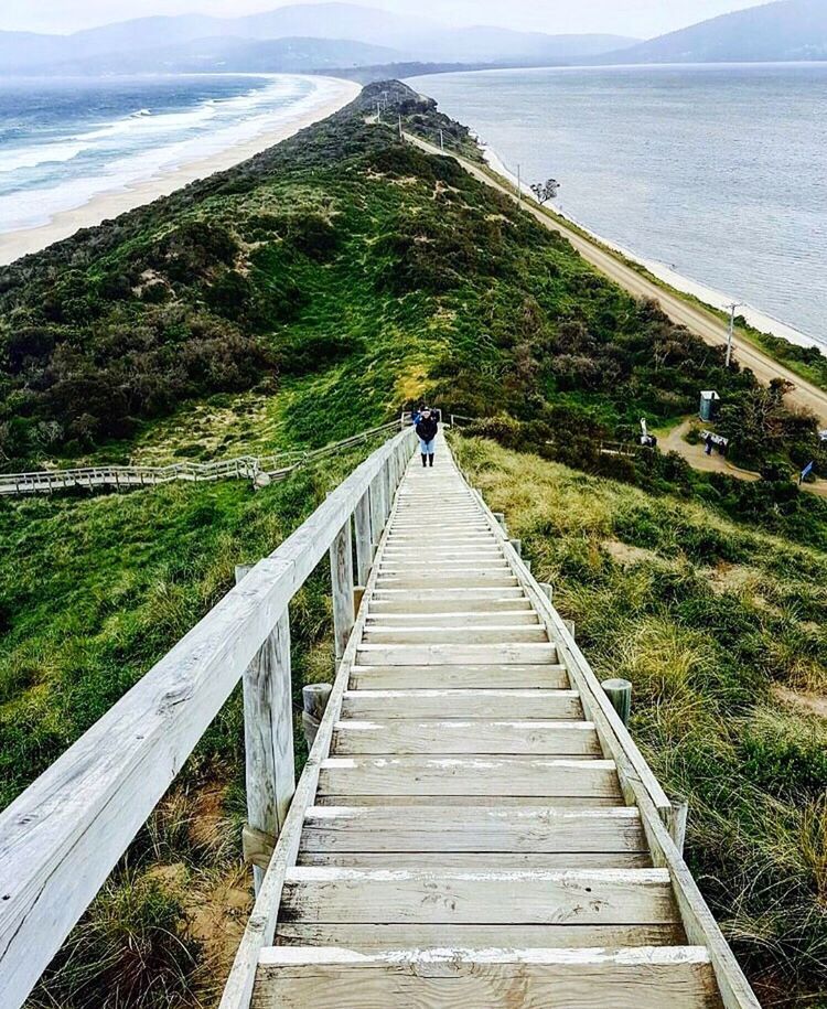 REAR VIEW OF MAN WALKING ON BOARDWALK BY SEA