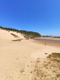 Scenic view of beach against clear blue sky