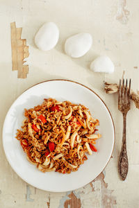High angle view of breakfast served on table