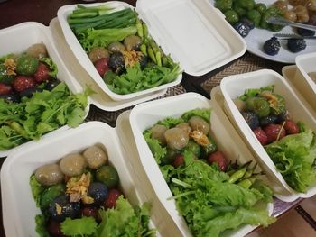 High angle view of food served on table